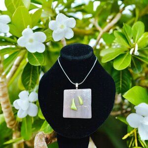 Textured abstract pendant necklace, Artisan handmade pink & green fest jewelry